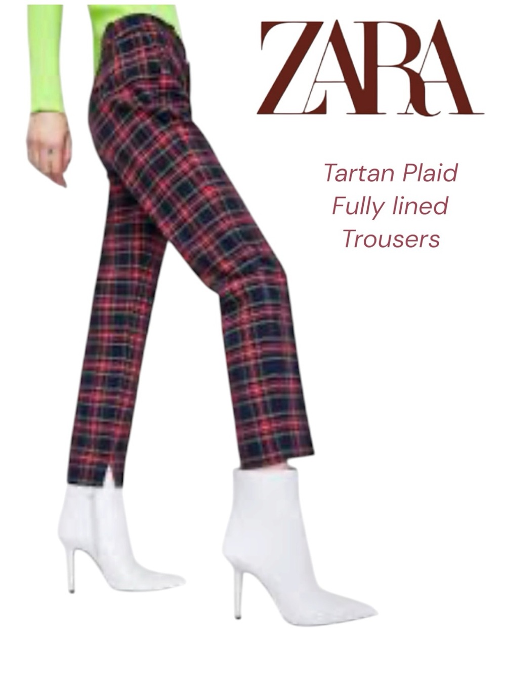 ZARA Tartan Plaid Fully Lined Trousers - Red/Black with Ankle Slits • Size 2